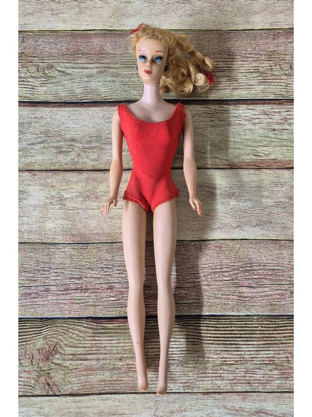 Vintage Mattel Barbie Blonde Ponytail Doll Pats Pend Red Swimsuit Green Ear TLC